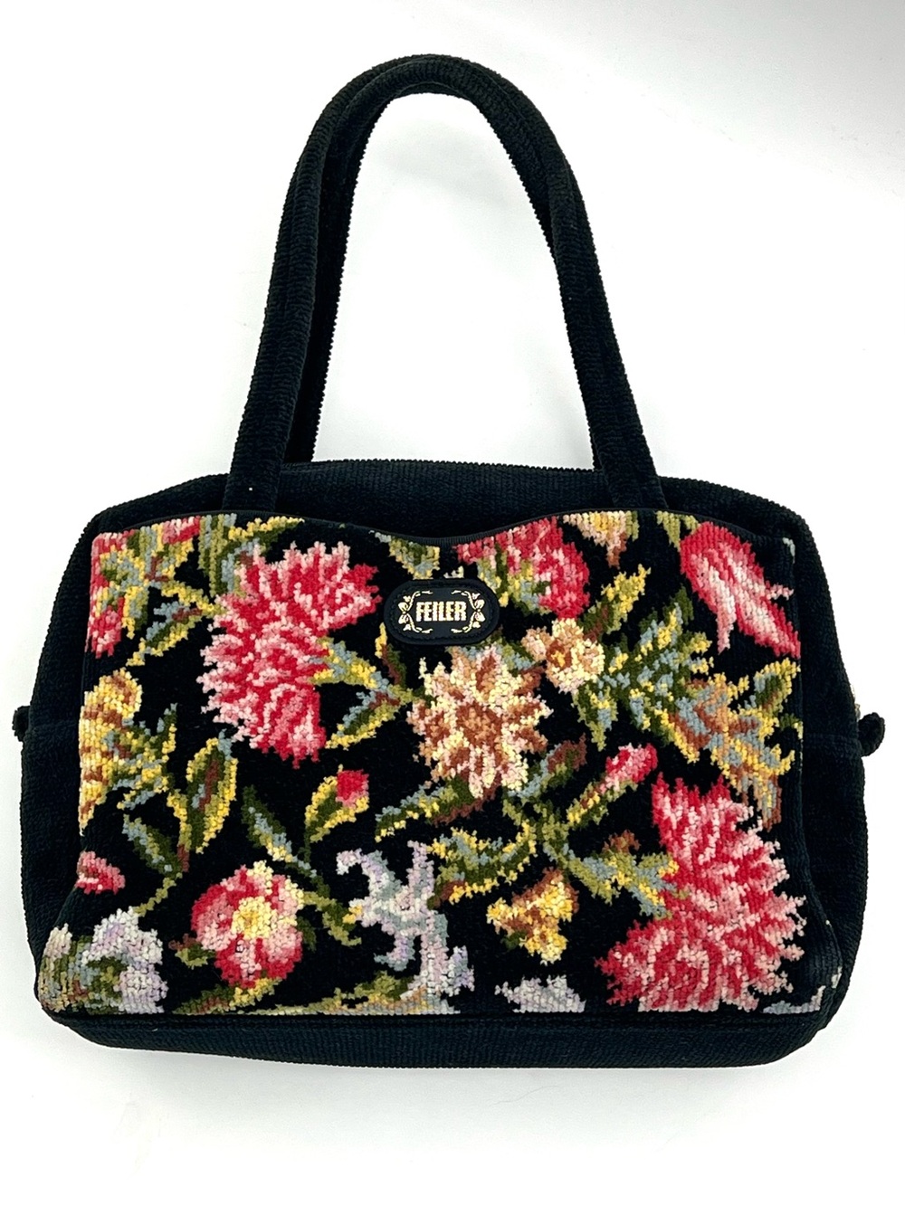 Vintage FEILER Chenille Floral Alma Tote Satchel Black Germany EUC